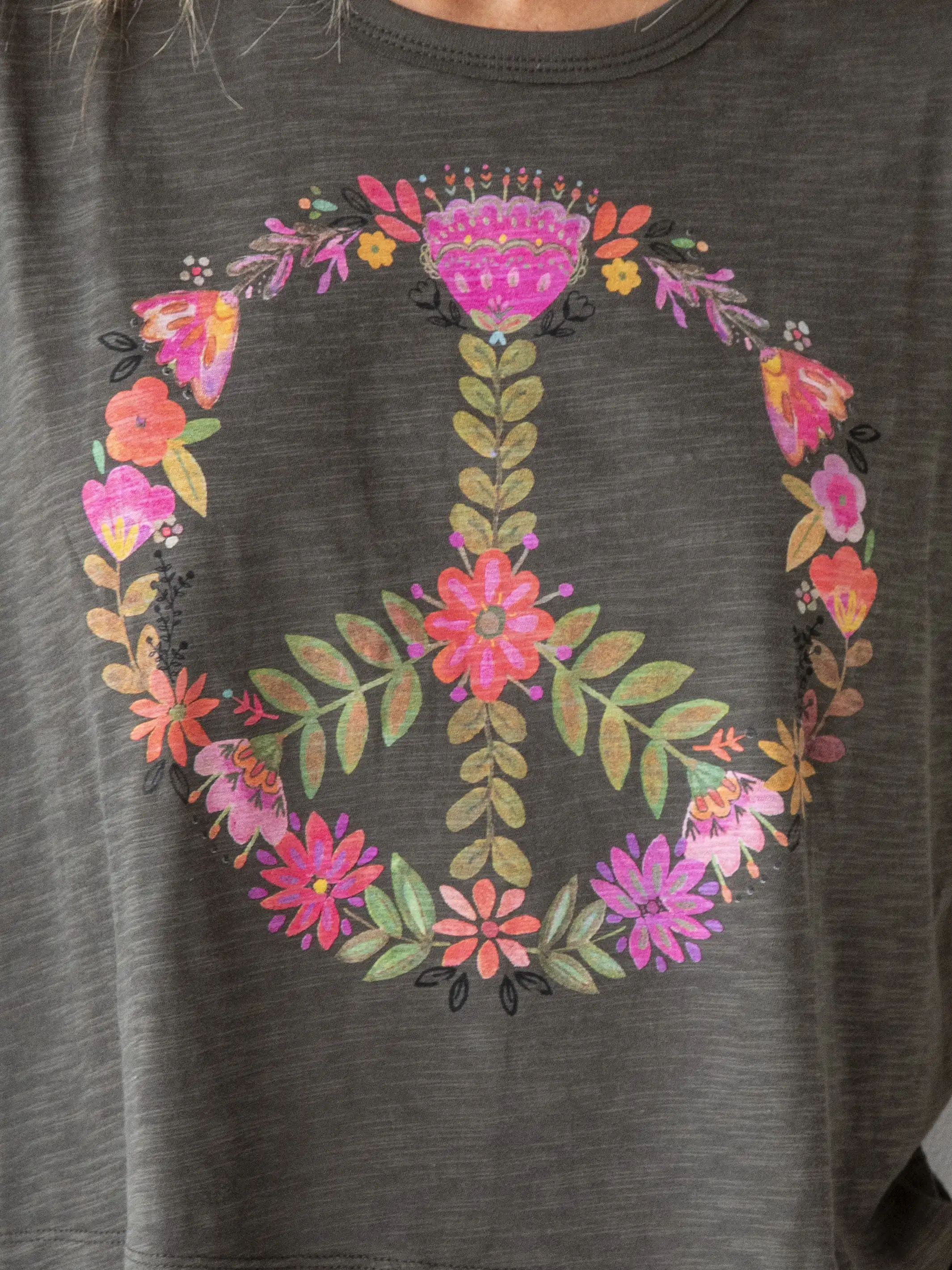 Frankie Cotton Boxy Tee Shirt - Charcoal Peace Sign