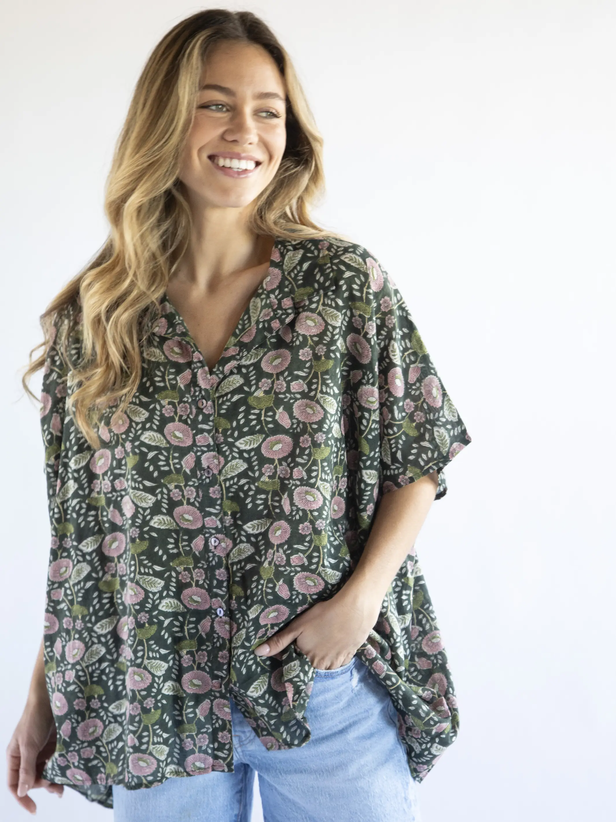 Kelly Oversized Cotton Button Down - Dark Green Pink Floral Vines